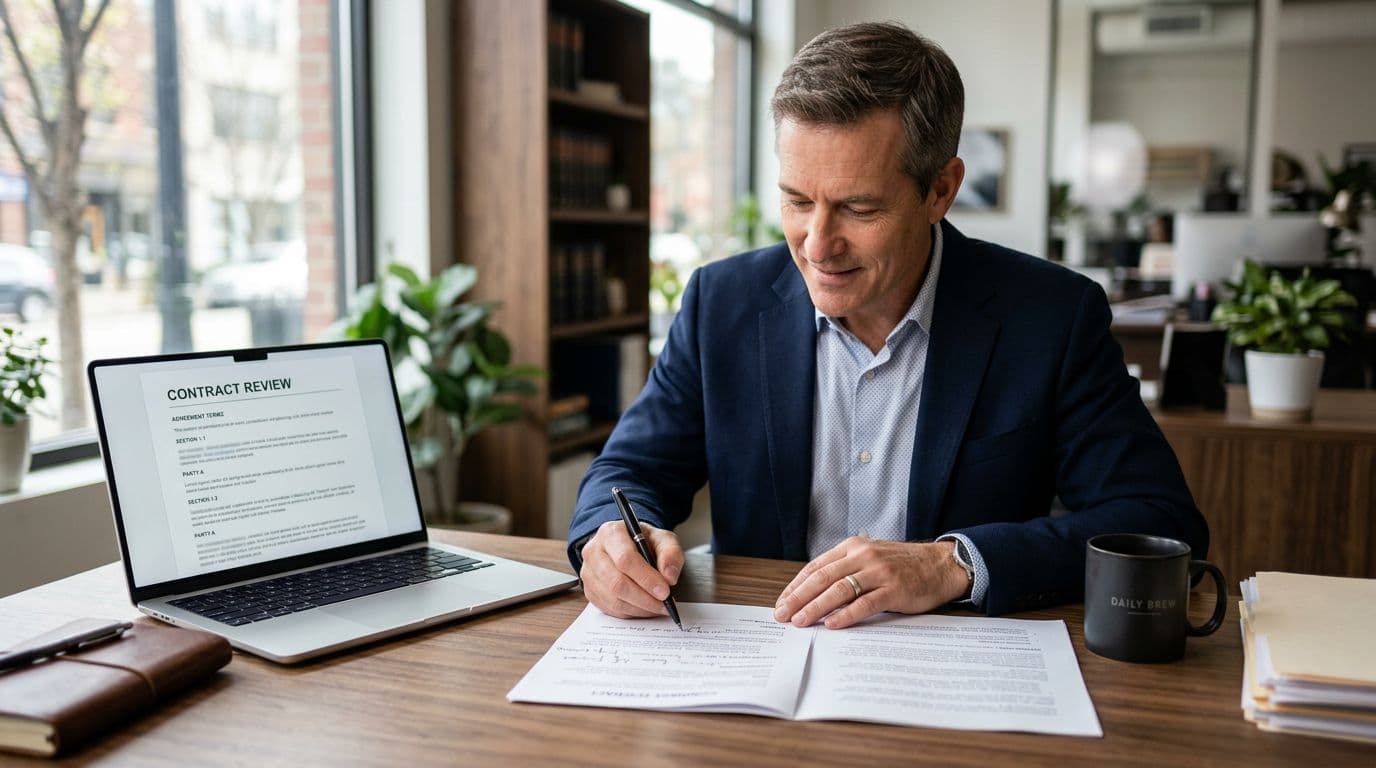 A small US business owner in a modern office reviews a printed contract beside a laptop with a generic contract interface, featuring subtle elements like pen, notebook, and coffee mug in a warm, trustworthy photo-realistic style.