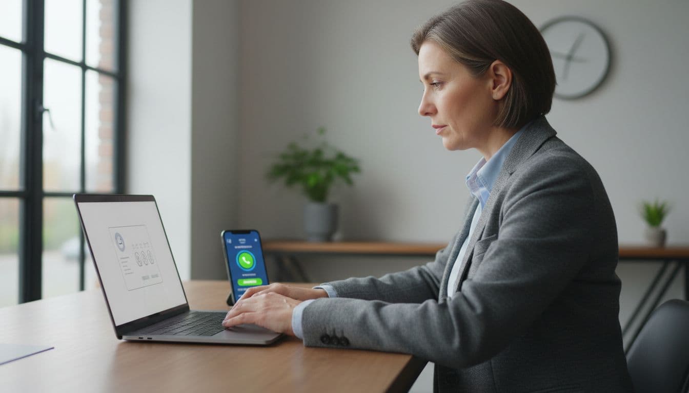 A focused middle-aged small business owner at a modern US office desk reviews AI phone answering software on a laptop, with a nearby smartphone displaying an active customer call interface, illuminated by natural daylight.