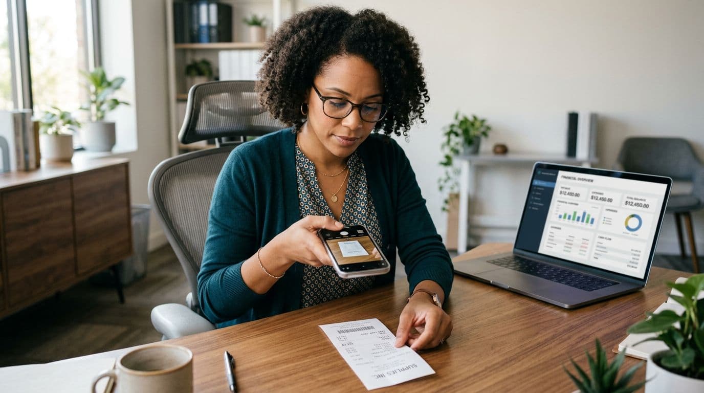 A small-business owner at a modern desk uses a smartphone to scan a detailed paper receipt, with a laptop in the background displaying a generic accounting dashboard. The photo-realistic image features warm natural light, shallow depth of field, and a professional office vibe with exactly one person.