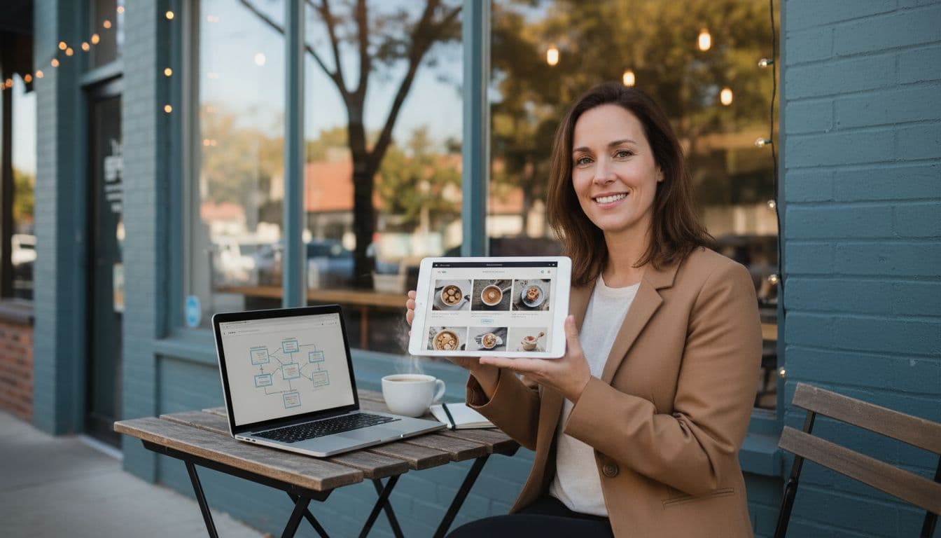 Photo-realistic landscape of a small business owner holding a tablet displaying their live storefront website outside the shop, with a nearby laptop implying AI builder workflow, in a natural-lit US urban coffee shop setting.