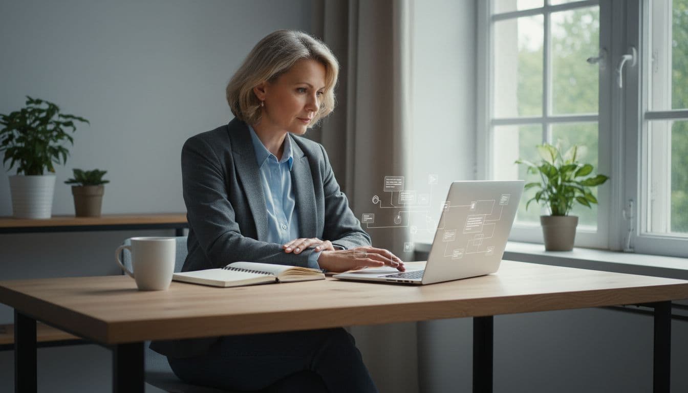 Photorealistic image of a middle-aged woman small business owner in casual business attire, sitting focused at a modern wooden desk in a sunlit home office, with an open laptop displaying faint AI writing suggestions, notebook, and coffee mug nearby.