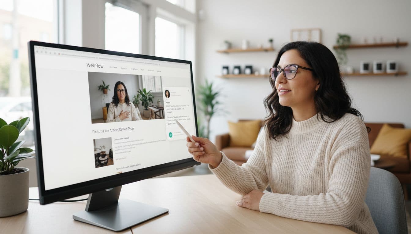Photo-realistic image of a diverse US small business owner in a modern storefront office viewing a sleek Webflow website on desktop with an active AI chatbot interface on screen.