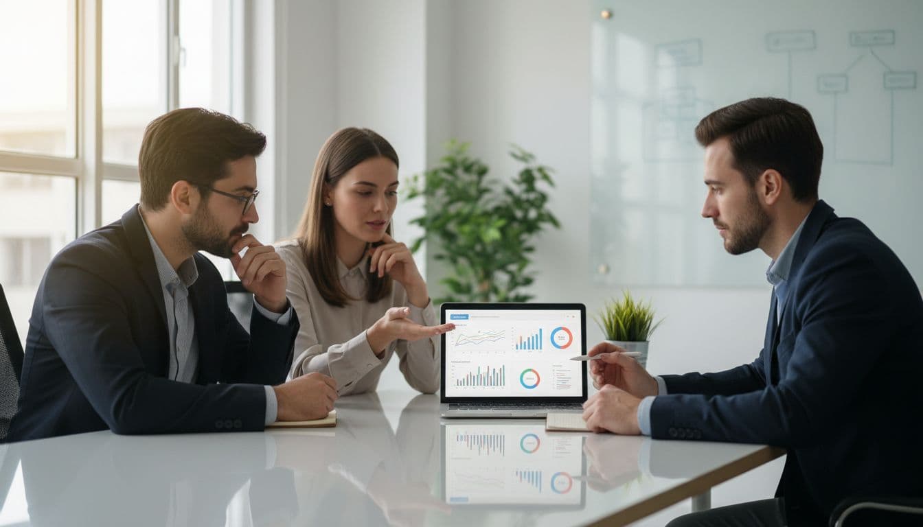 Photo-realistic image of a three-person small business team in a modern office conference room, planning customer support automation and lead generation to boost employee productivity while viewing a website analytics dashboard on a shared laptop screen with natural window light.