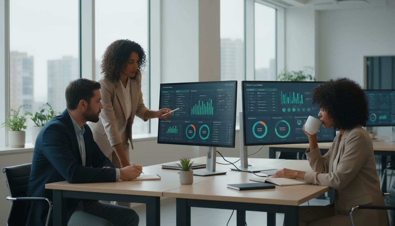 A team of three diverse professionals in business casual reviews AI customer support software dashboards on large monitors in a modern open office with natural daylight, clean desks, notebooks, and coffee.