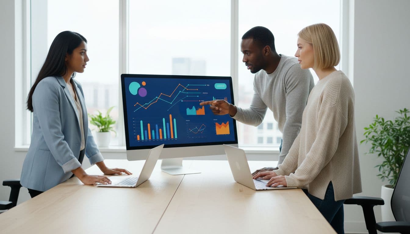 Diverse team of three in a modern office gathered around a desk with laptops and a large monitor showing abstract social media analytics charts; one person pointing at the screen with natural daylight lighting.
