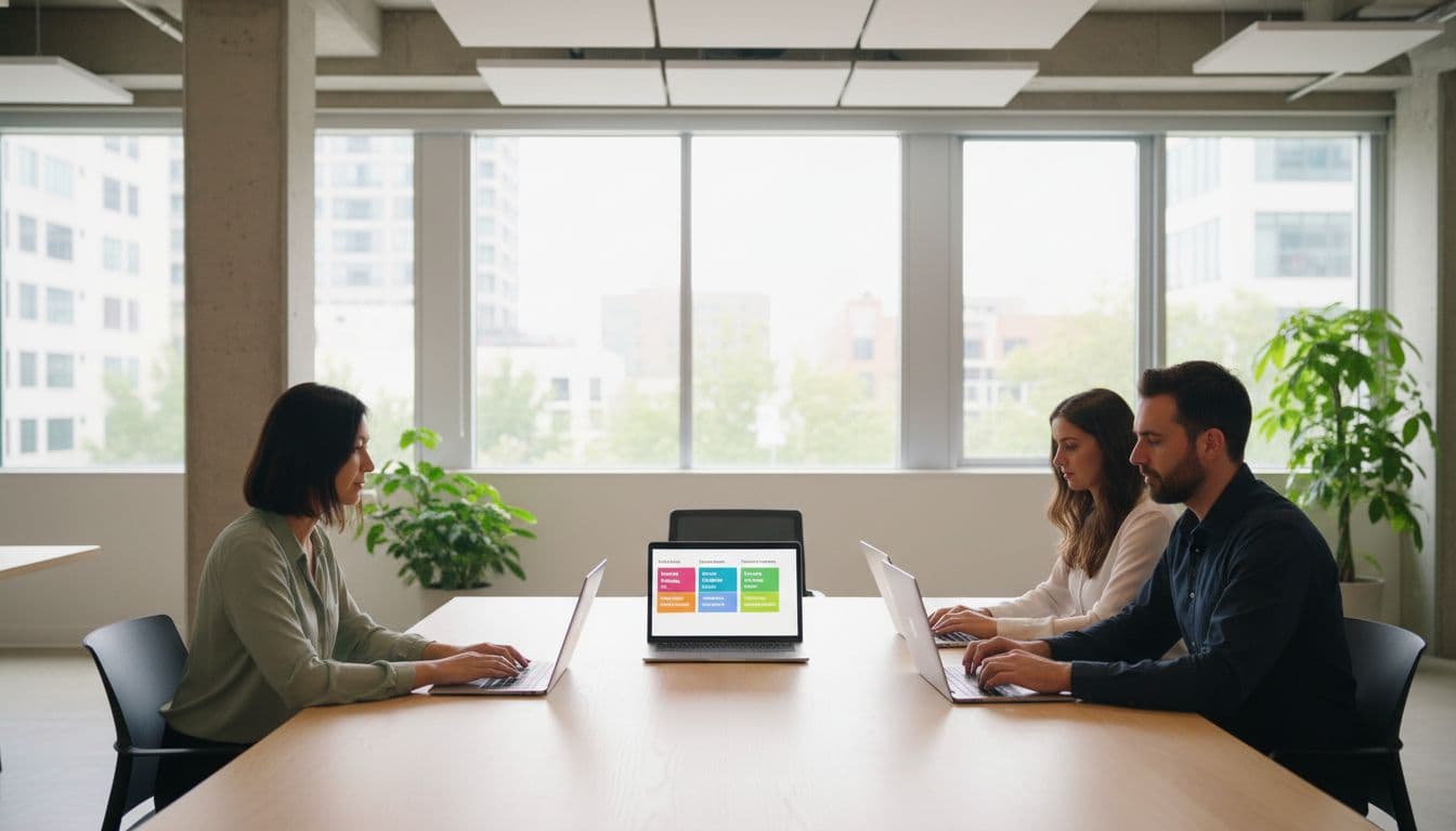 A small customer support team of three people reviews categorized support tickets on laptops in a modern open office with natural daylight lighting, in a photo-realistic contemporary US business setting.