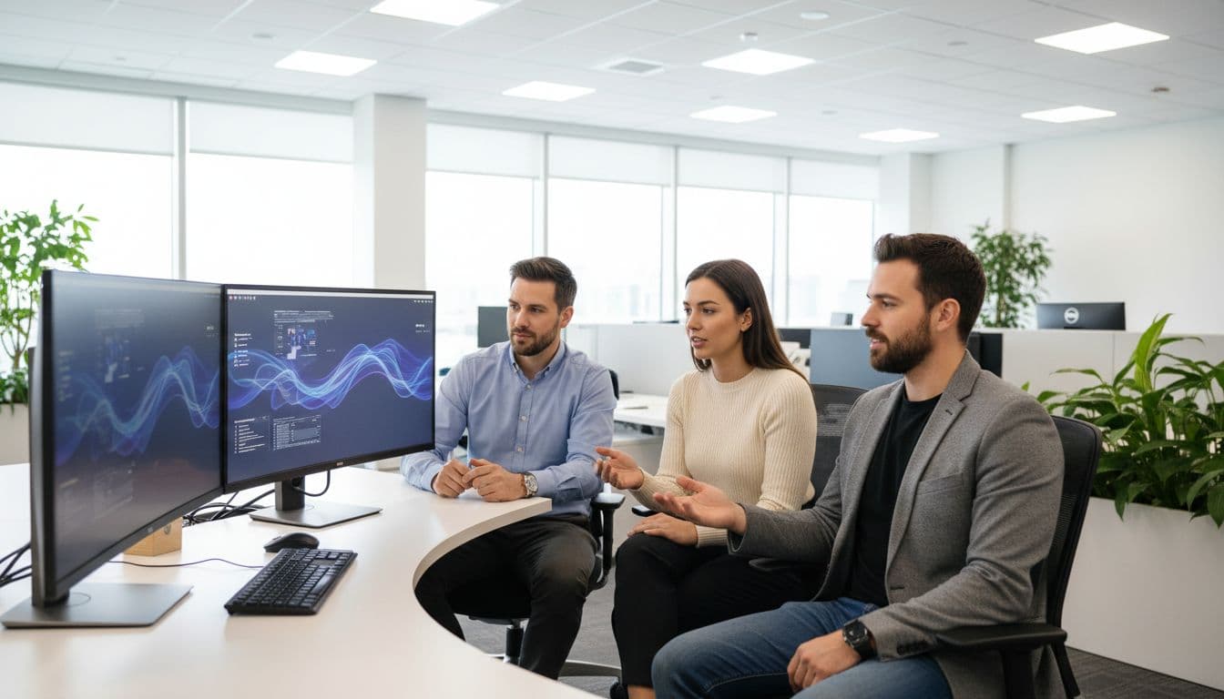 Photo-realistic image of three people in a US office around a desk with monitors showing subtle holographic UI for AI agent deployment, relaxed collaborative setup with clean lighting and professional tech aesthetic.
