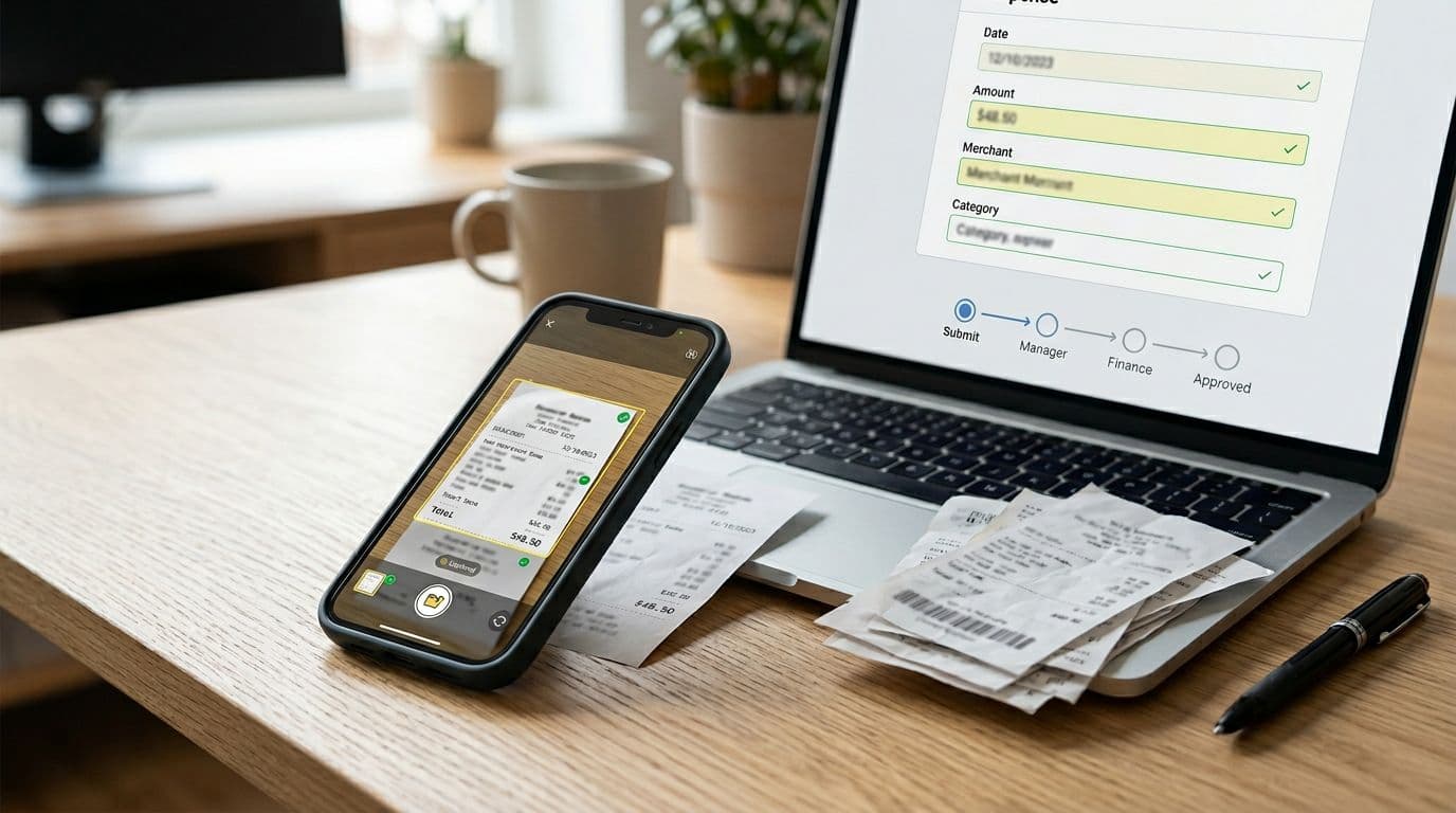 Close-up minimalist desk scene with smartphone photographing a receipt next to laptop displaying generic expense form, checkmarks, icons, and blurred approval timeline.