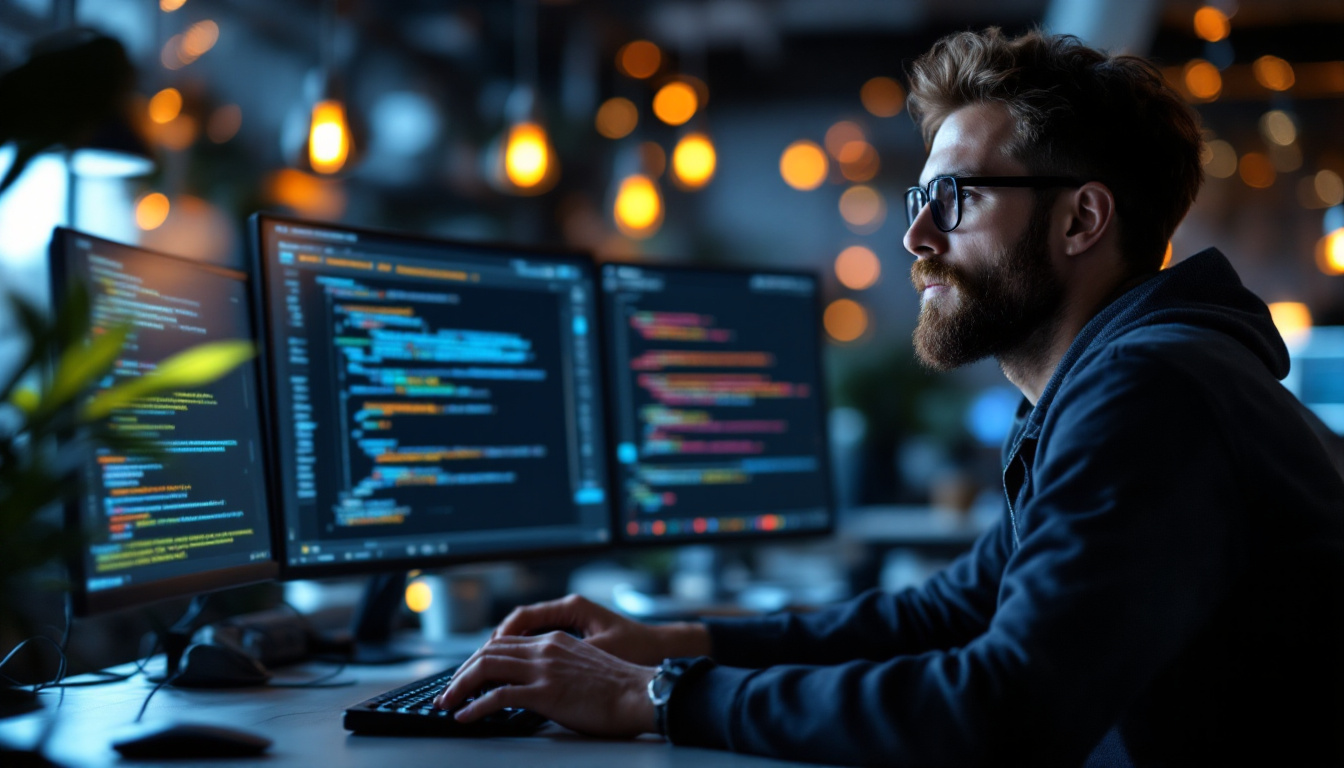 A developer in a modern IDE using Amazon CodeWhisperer with real-time AWS-powered AI code suggestions. Image created with AI.