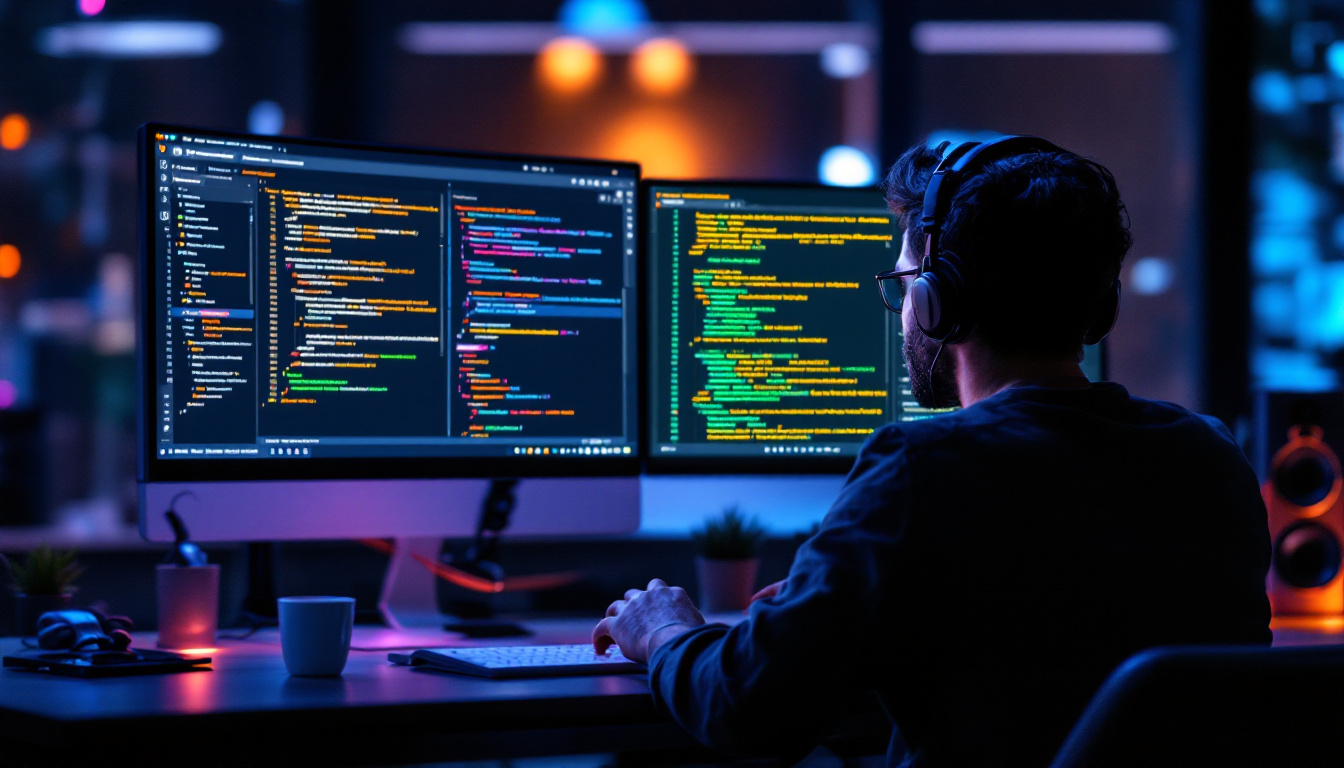 A software developer in a modern IDE, comparing AI coding assistants on a split-screen with AWS CodeWhisperer in the foreground, highlighting AWS integration and code suggestions. Image created with AI.