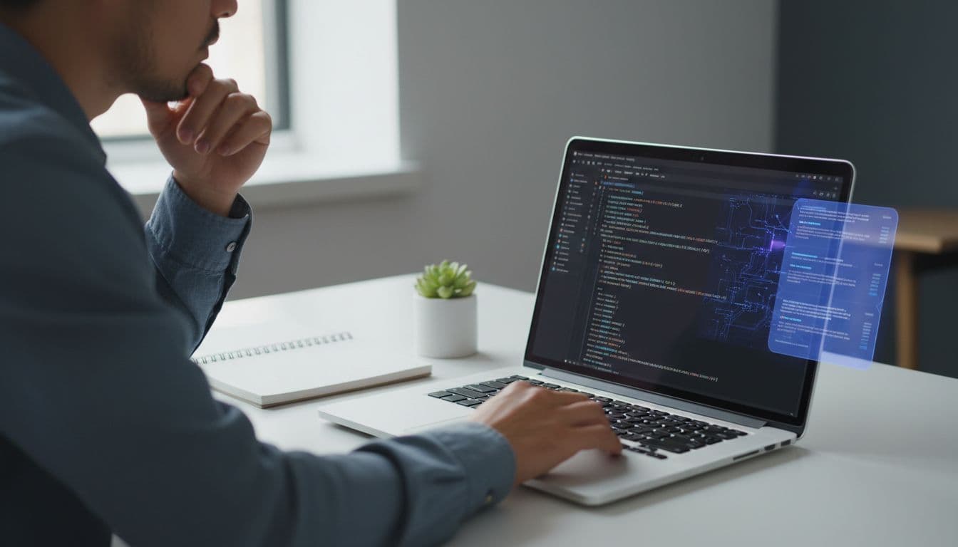 Photo-realistic close-up of a software engineer focusing on VS Code laptop screen with subtle AI agent assistance in code editing, modern minimal desk setup.