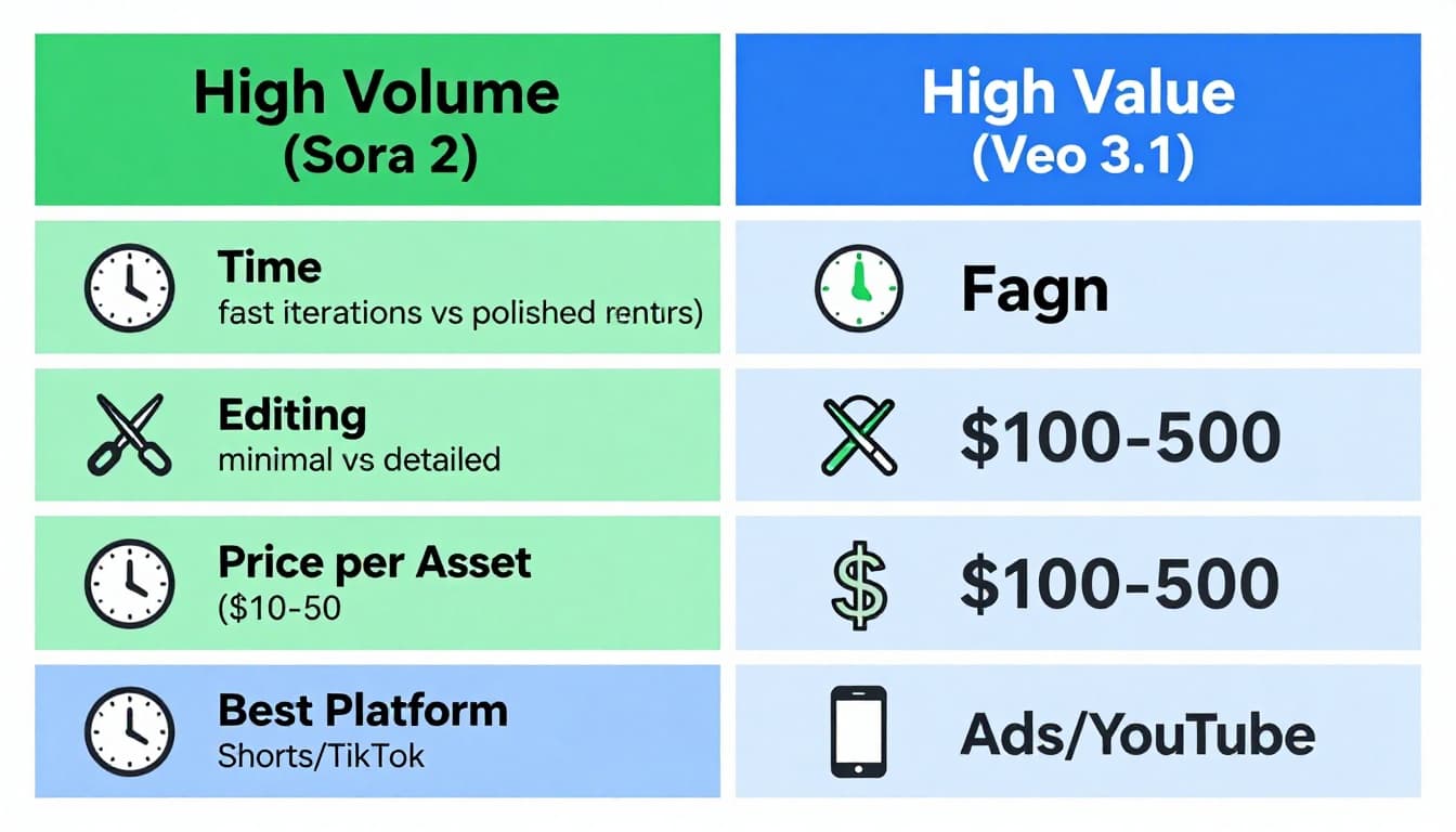 A landscape infographic comparison table with columns for 'High Volume (Sora 2)' and 'High Value (Veo 3.1)', covering Time, Editing, Price per Asset, and Best Platform. Features clean icons (clock, scissors, dollar, phone), neutral background, bold sans-serif fonts, green accents for high volume, blue for high value, professional and scannable design.