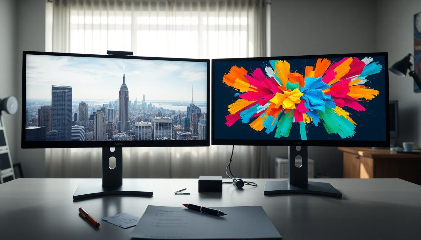 Photorealistic split-screen workspace showing Leonardo AI and Midjourney side by side, highlighting tool and visual style differences. Image generated by AI.