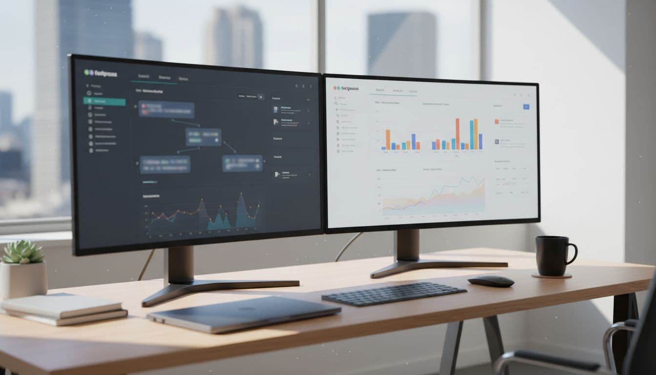 Photo-realistic modern desktop setup with dual screens displaying blurred AI chatbot management dashboards and analytics charts for website integration, coffee mug nearby, natural lighting, professional B2B aesthetic.