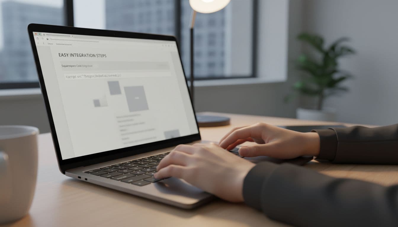 Photo-realistic close-up of hands on laptop keyboard in Squarespace code injection editor adding a simple AI chatbot embed script, with modern desk setup and focused lighting.