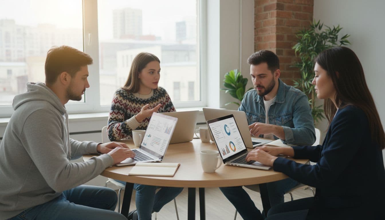 Diverse team of four young professionals in casual attire collaborates in a modern co-working space, using laptops to evaluate AI customer support tools, discussing charts on screens around a round table with coffee cups and natural window light.