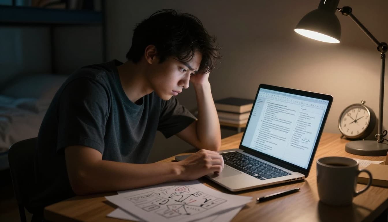 A stressed college student in a dimly lit dorm room late at night, 48 hours before an exam, focused on a laptop screen transforming a document summary into a quiz, surrounded by scribbled notes, concept maps, coffee mug, and a late-hour clock.