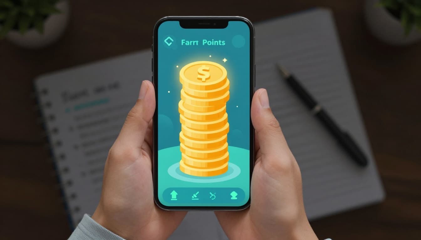 Vibrant illustration of golden points or coins stacking in a study app interface on a student's handheld phone, with notebook and pen background, modern flat design with glowing effects.