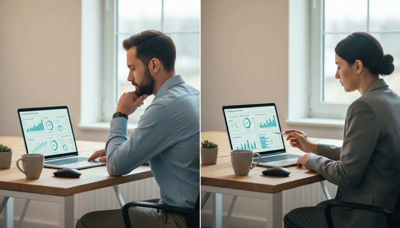 Photo-realistic split-scene landscape of two support managers at adjacent desks in a realistic office workspace, one reviewing ticket resolution dashboards and the other checking reporting analytics on laptops, with subtle blue teal screen accents and natural lighting.