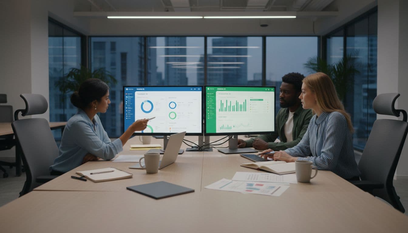 Photo-realistic landscape of three diverse professionals in a modern open office comparing Intercom and Zendesk AI helpdesk dashboards side-by-side on dual monitors, with focused expressions and authentic workspace details.