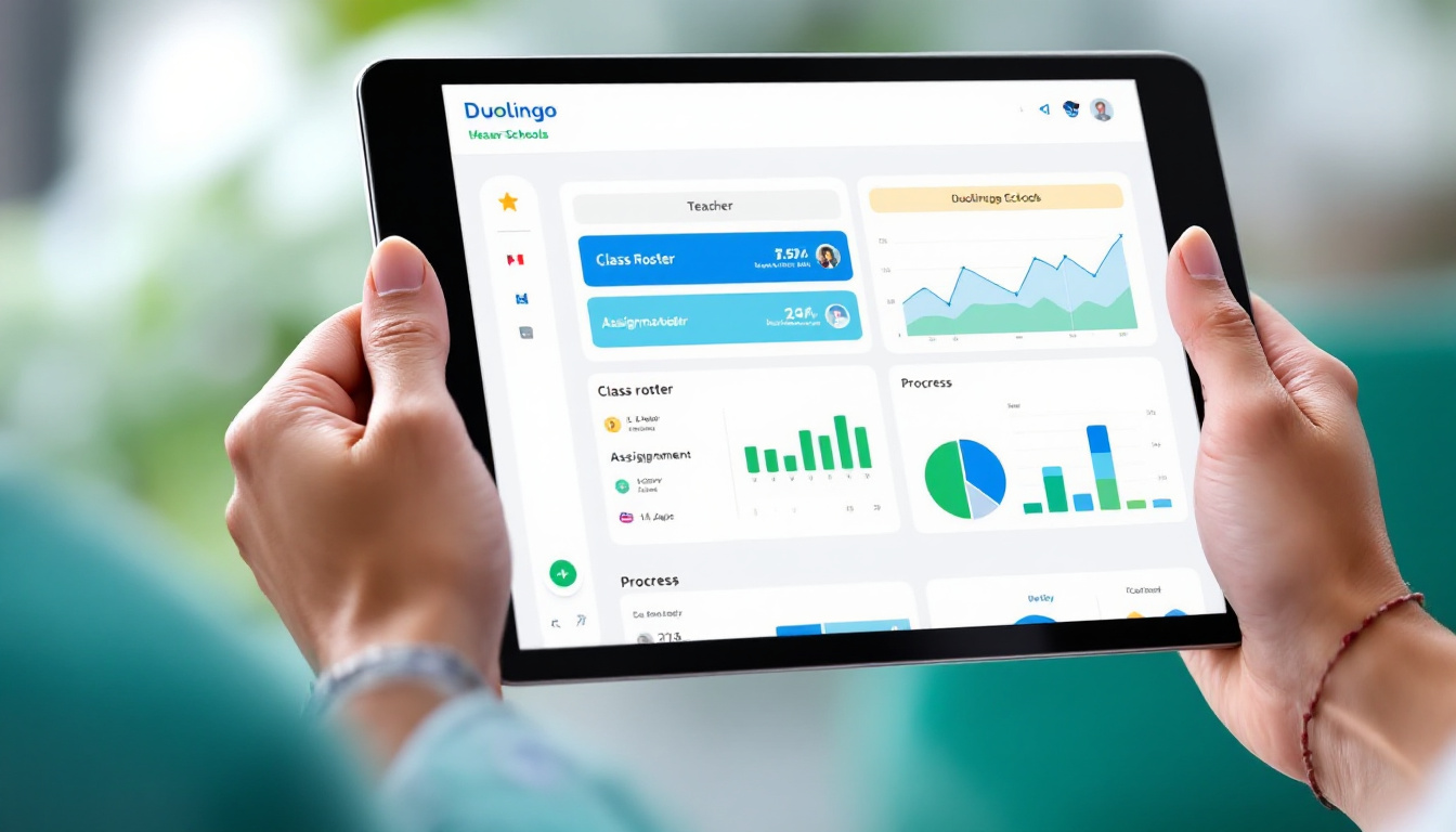 Teacher's device displaying the Duolingo Schools dashboard, with class progress, assignment scheduling, and analytics in a bright, modern interface. Image created with AI.