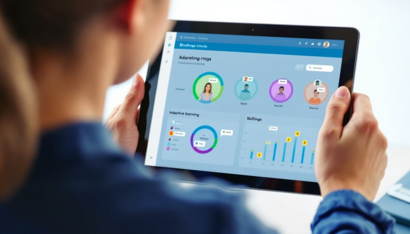 Close-up view of a teacher's tablet screen showing an adaptive learning dashboard from Duolingo Schools, with student avatars, progress rings, skill trees, and feedback annotations in speech bubble icons, clean UI, blue and green color palette, realistic illustration.