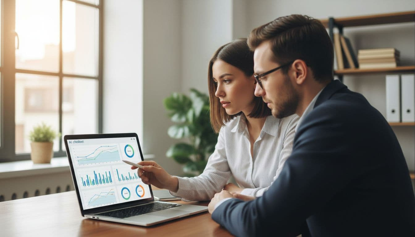 Photo-realistic image of a two-person team in a modern office intently reviewing AI chatbot analytics on a shared laptop dashboard, with natural lighting and visible charts.