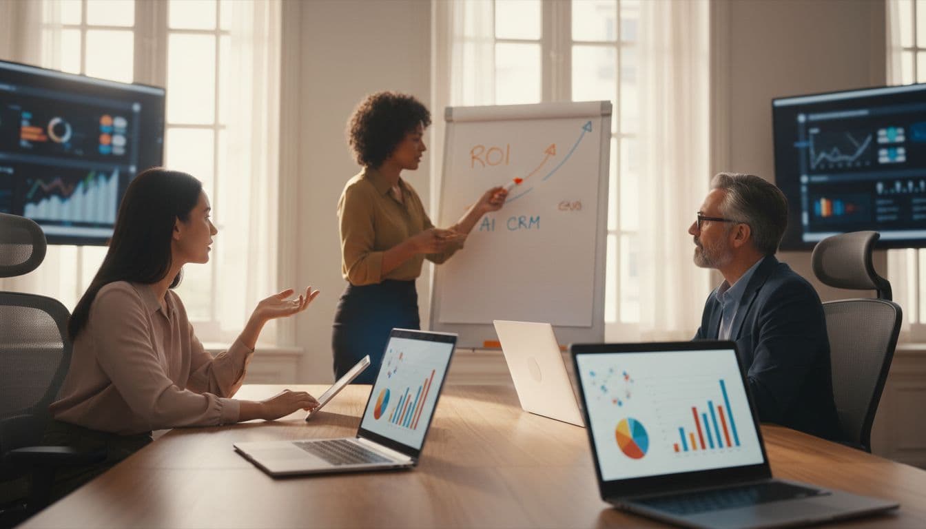 Photo-realistic image of a diverse team of three in a modern conference room discussing ROI charts on a whiteboard with orange markers, laptops open to generic analytics, subtle automation glow effects, natural gesturing and high-detail lighting.