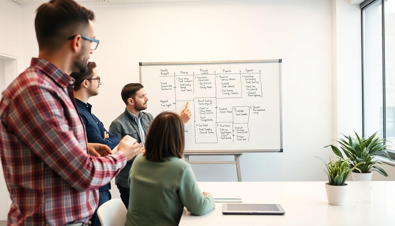 A professional team collaborates at a whiteboard, mapping a prompt to a detailed, multi-step solution in a bright, modern office. Photorealistic. Image generated by AI.