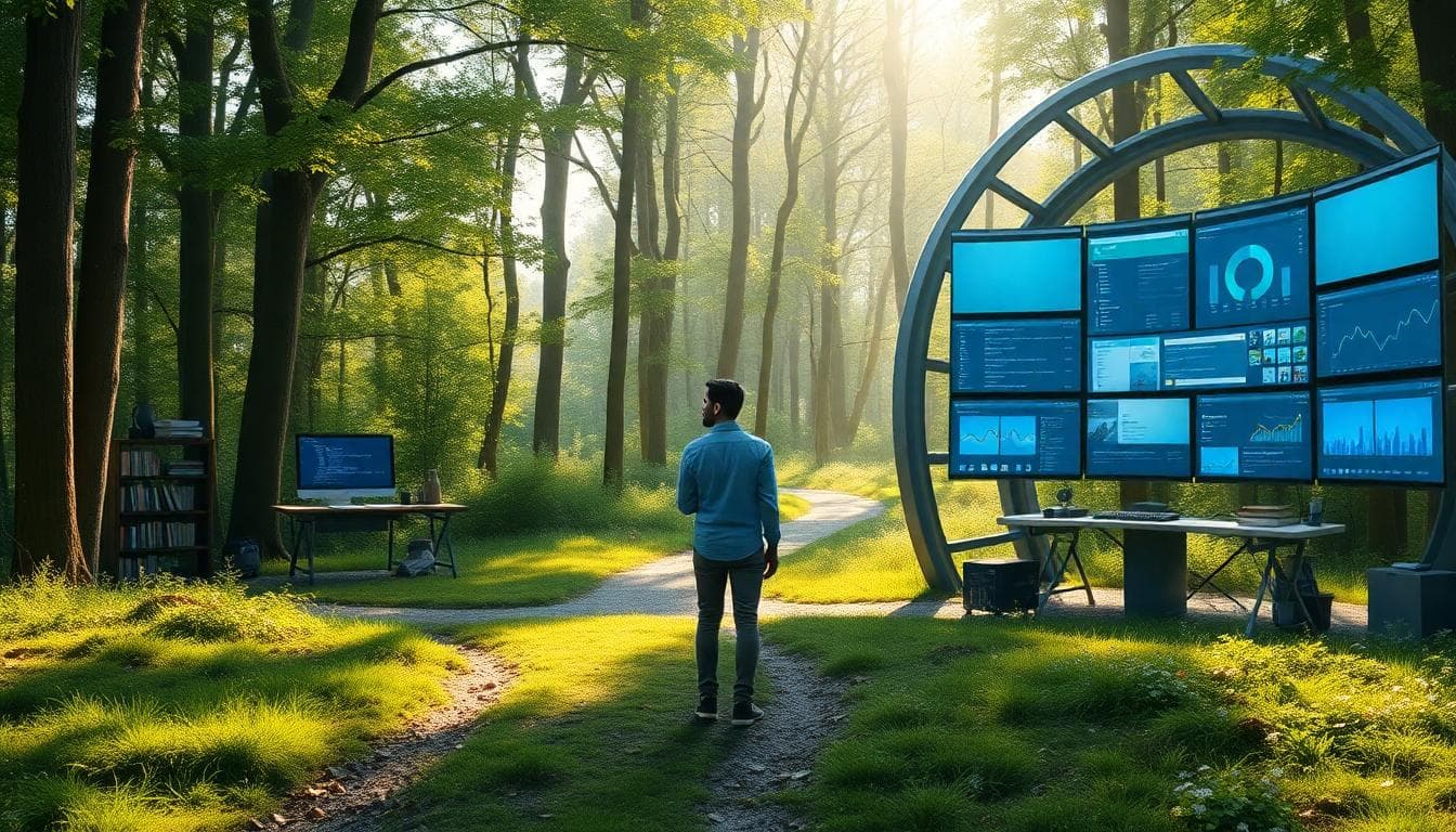 A person stands at a fork in a sunny forest path, choosing between a cozy workspace with code on screen and a modern observatory with charts and search results. Image created with AI.