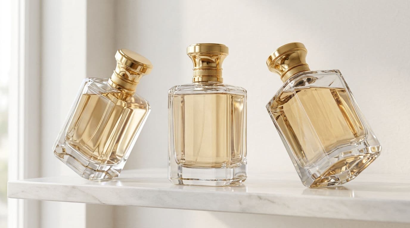 Photorealistic scene featuring three identical luxury perfume bottles arranged at different angles on a minimalist white shelf, with consistent lighting, reflections, and high-detail glass texture in clean product photography style.