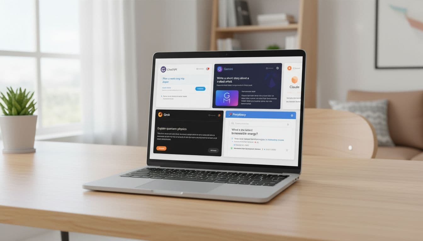 Laptop screen showing multiple AI chatbot interfaces side by side in a bright home office.