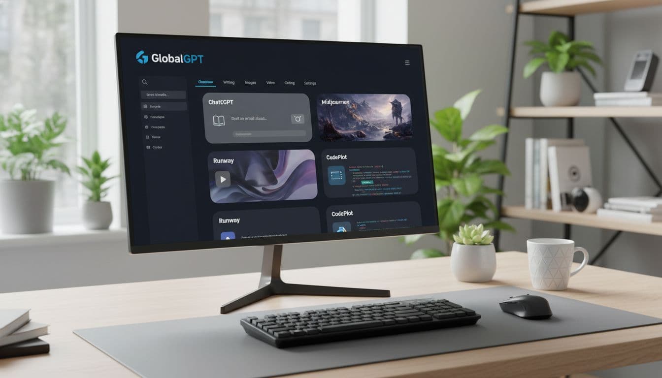 Unified AI dashboard showing multiple model icons on a desktop in a bright home office