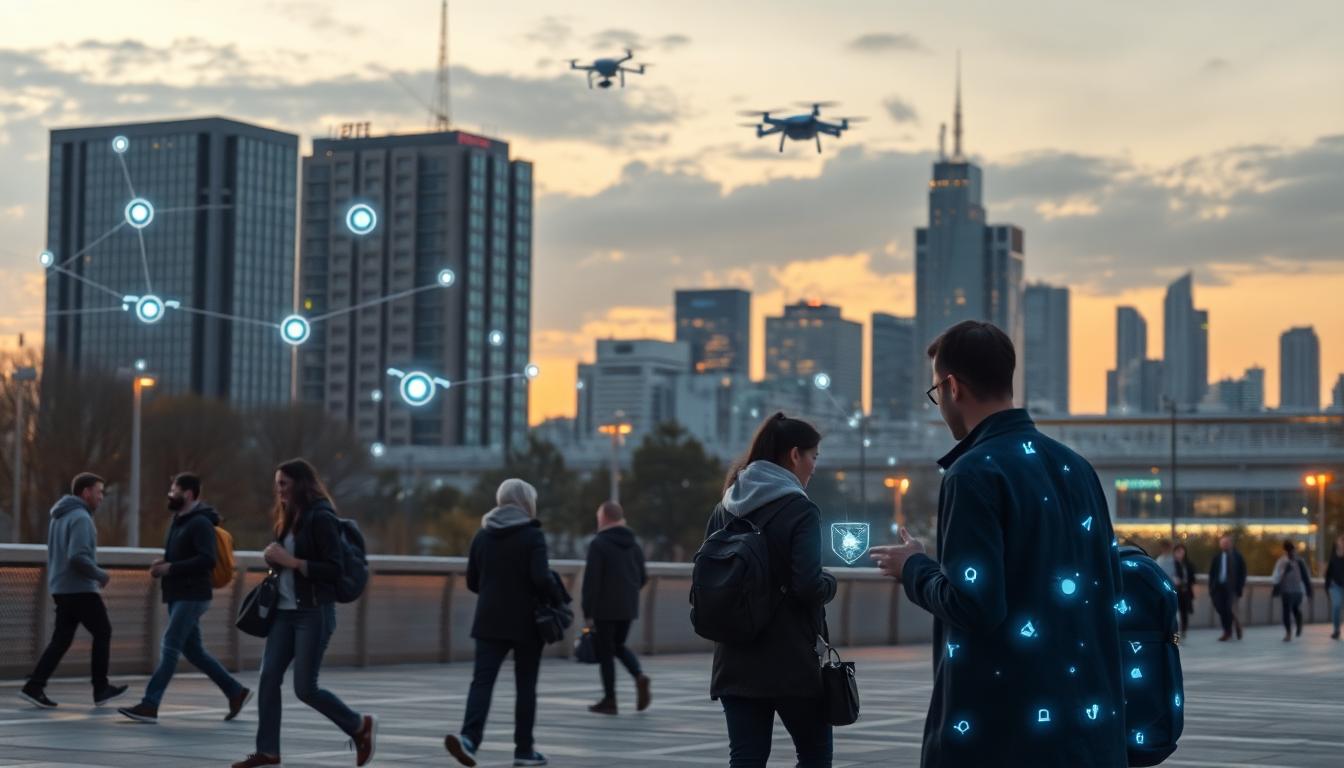 Photorealistic urban landscape at dusk showing data streams, digital agents, and people interacting with AI assistants in a city setting. Image created with AI.