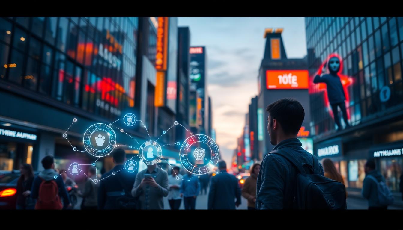 Photorealistic urban scene with autonomous digital agents visualizing a future of automated services. People interact with holographic agents in a smart city at dusk. Image created with AI.