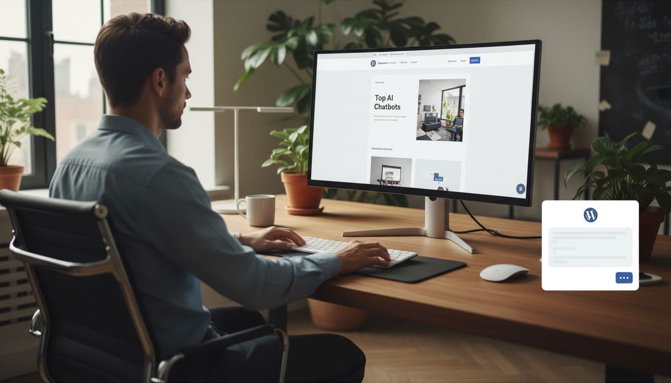 Photo-realistic image of one website visitor at a desk using a desktop computer to chat with an AI assistant via a clean minimal UI widget on a modern WordPress website, in natural daylight office lighting with professional tech aesthetic.