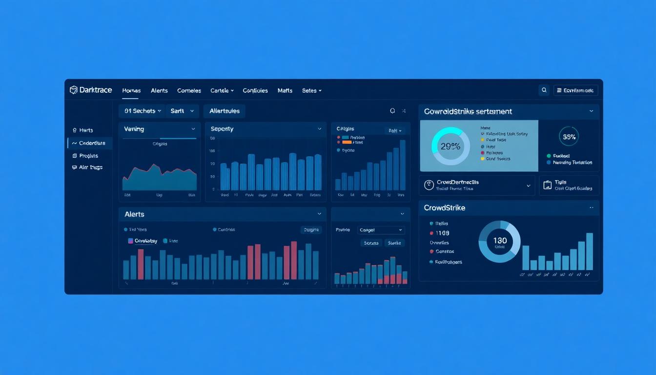 A user-friendly security console with clear charts and alerts, featuring Darktrace and CrowdStrike interfaces, calm blue tones, emphasis on UX design and ease of use. Image created with AI.