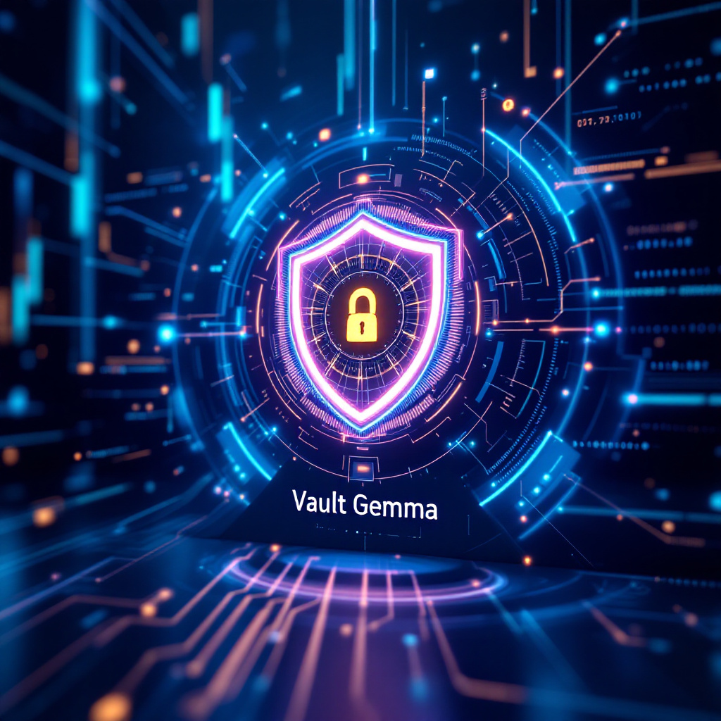 A photorealistic rendering of a futuristic AI model interface for VaultGemma, featuring a shield motif, abstract data flows, blue and violet glow. Image created with AI.