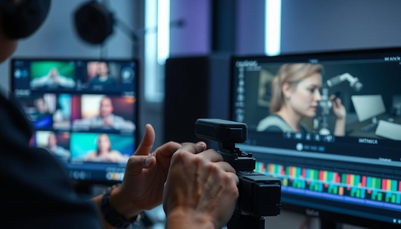Close-up designer adjusting video colors and pacing in a modern editing studio, AI elements subtly visible