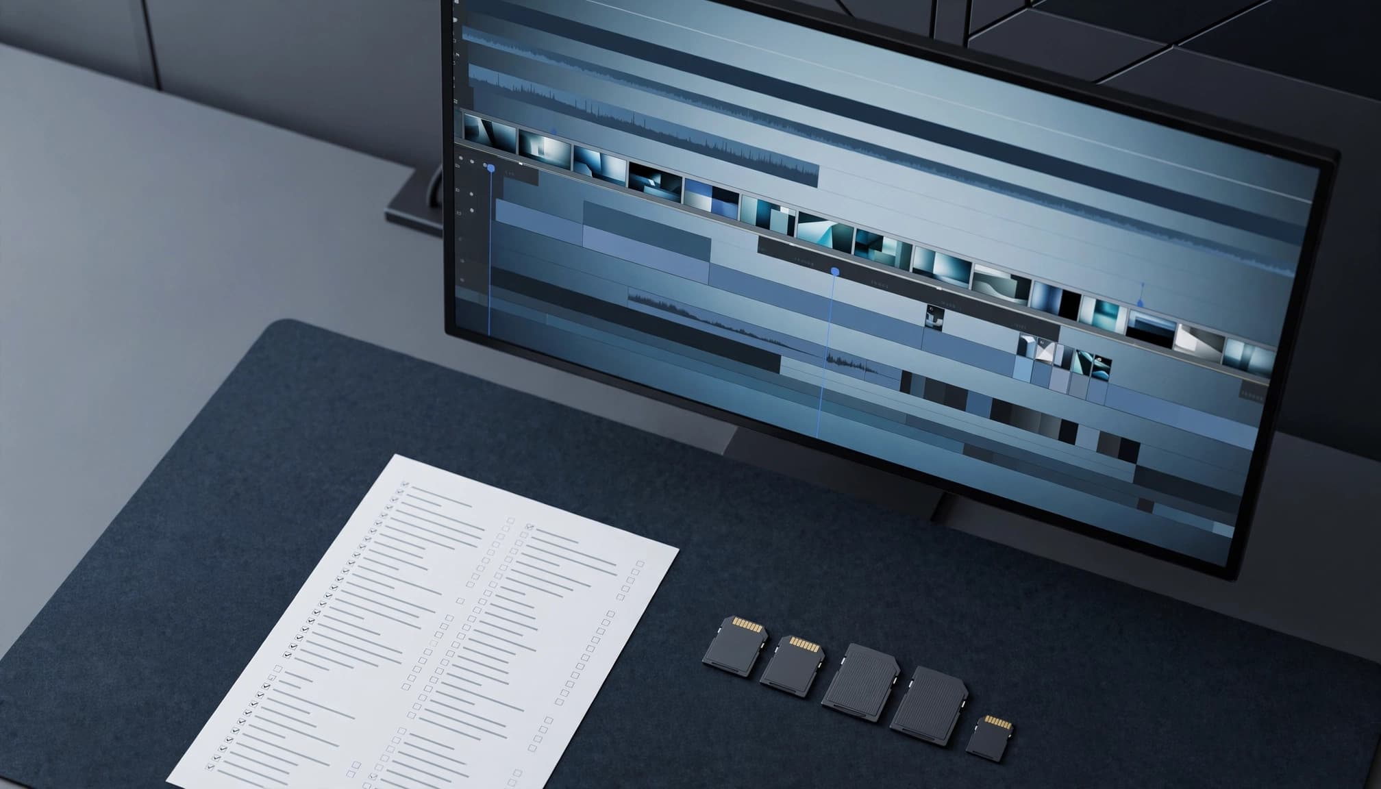 A monitor with a video timeline sits above media cards and a shot list.