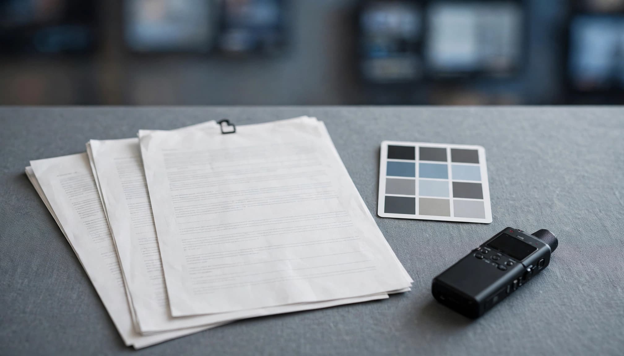 Transcript sheets, a color card, and an audio recorder arranged on a work surface.