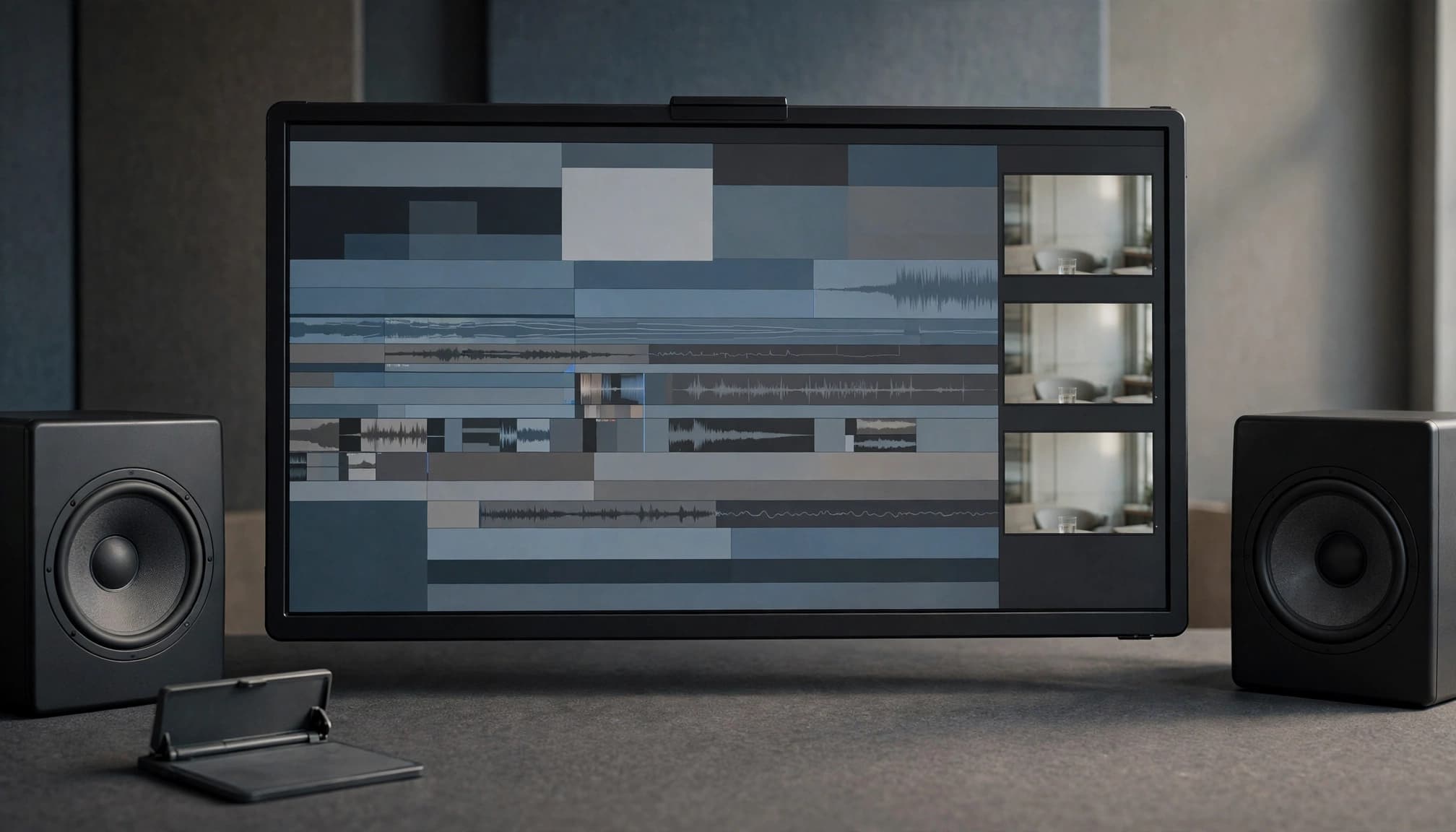 A monitor shows an editing timeline and interview frames above a desk with speakers and a slate.