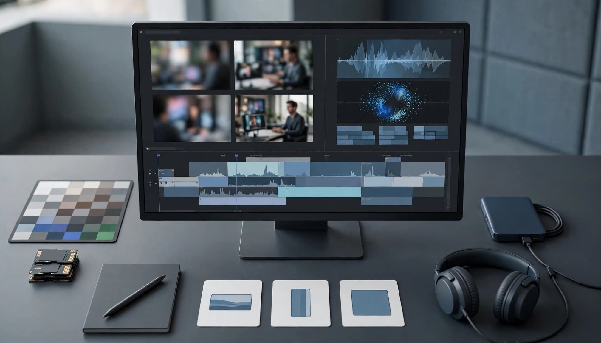 A monitor with video clips and color scopes in a tidy editing suite.