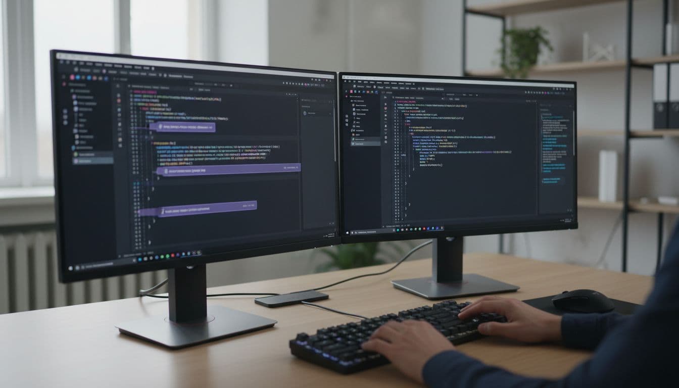 Photo-realistic side-by-side composition of two developer monitors on a desk: left screen with blurred inline AI code completions in VS Code, right screen with AI chat sidebar discussing code, keyboard centered with one person's hands resting naturally, professional lighting and clean tech workspace.
