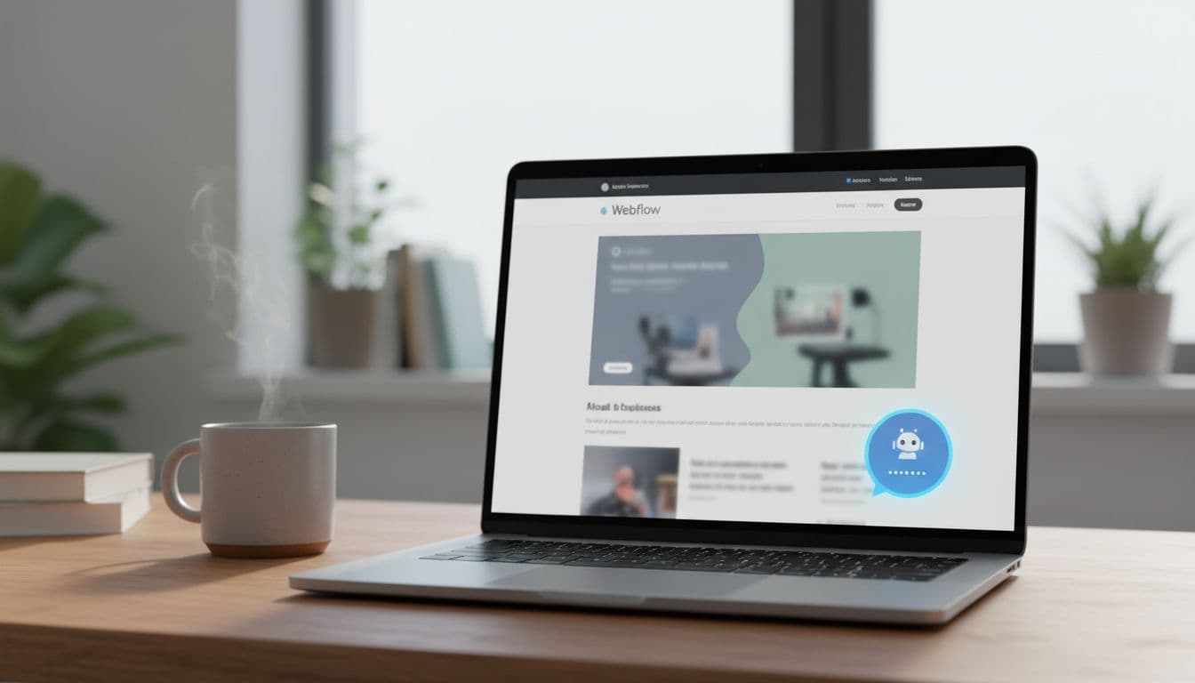 Photo-realistic scene of a clean modern Webflow small business homepage on a laptop screen showing an embedded AI chatbot widget in action, with a coffee mug on a desk in a naturally lit office environment.
