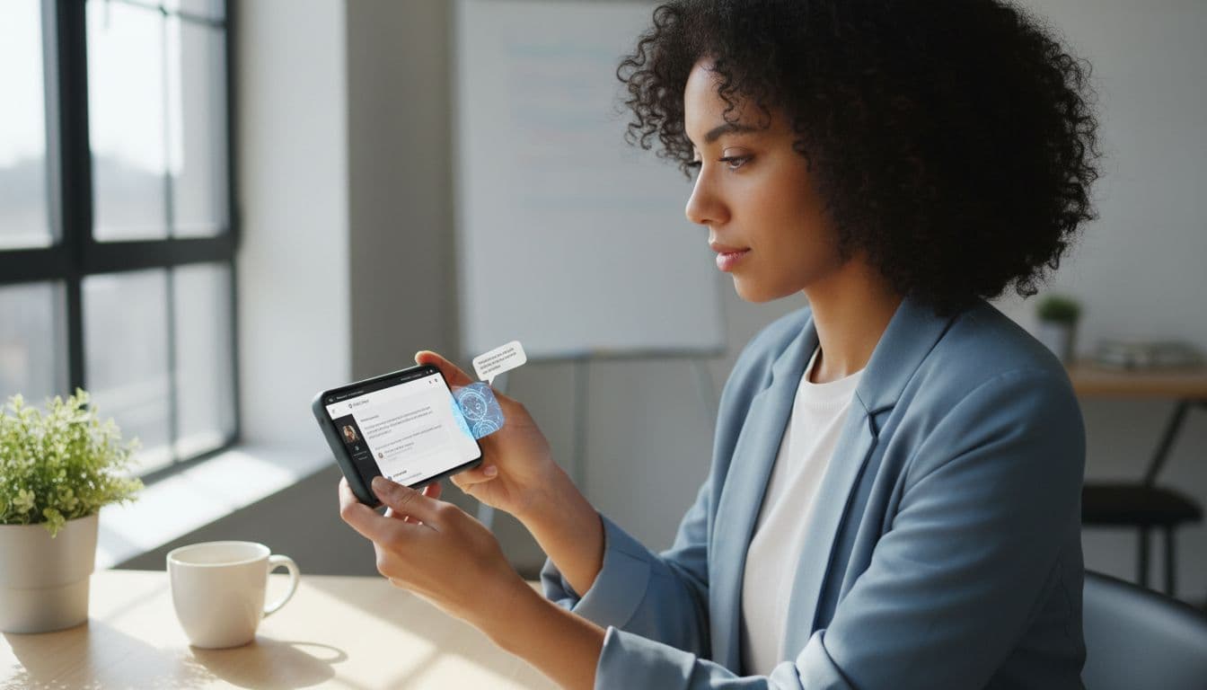 Photo-realistic image of a diverse small business professional in a casual office with bright natural light, holding a mobile phone displaying a responsive Webflow site featuring a floating AI chatbot responding to a message.