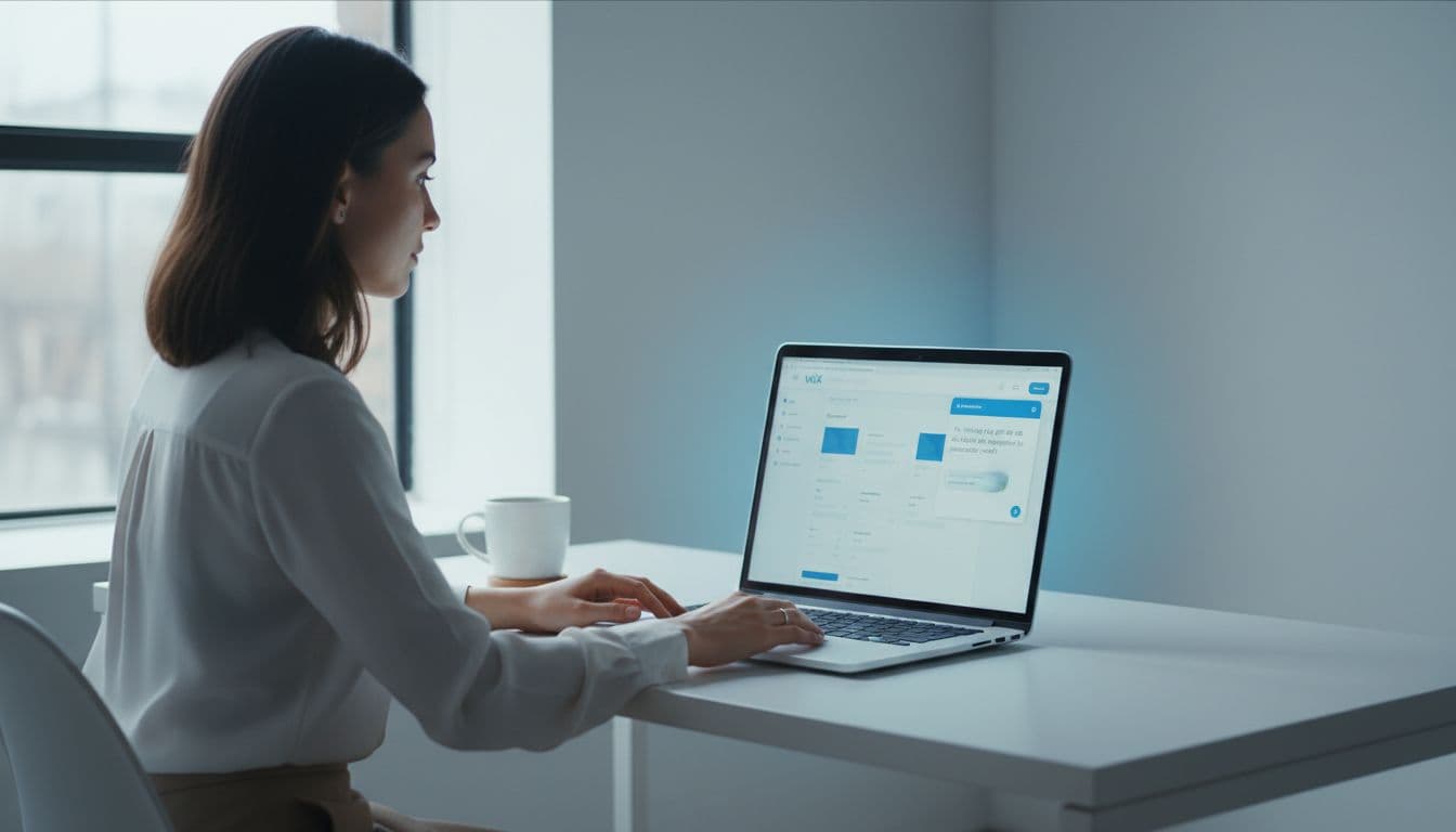 Photo-realistic image of a business owner in a small US ecommerce office at a desk with a laptop displaying the Wix dashboard and an active AI chatbot conversation, modern setup with natural light.