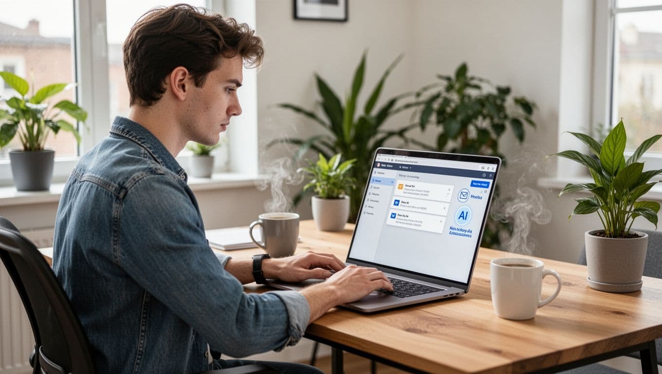 Photorealistic image of a young professional marketer at a modern wooden desk in a bright home office, focused on a laptop showing an email editor with AI tools, coffee mug nearby, natural light, plants in background.