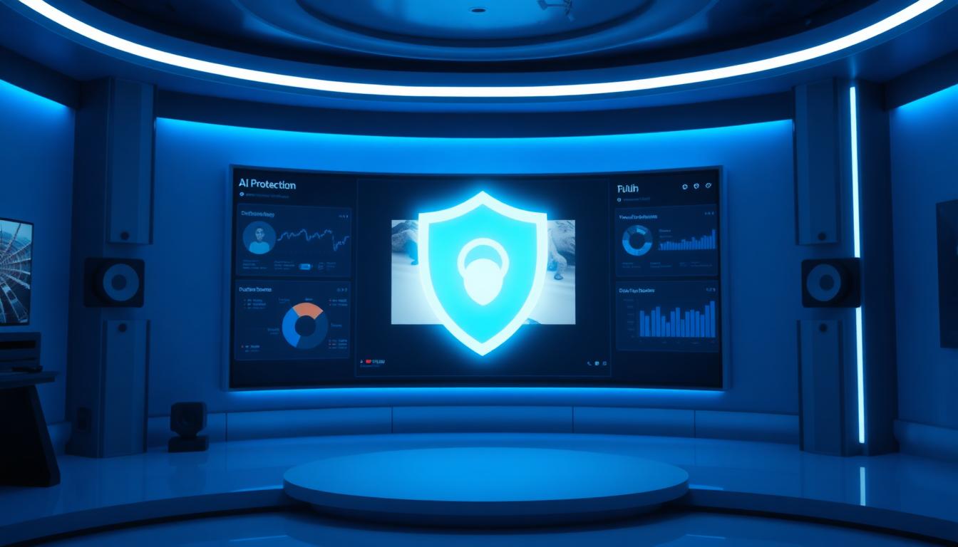 A modern YouTube studio scene showing an AI dashboard with a shield icon over a video thumbnail. The lighting is blue and clean, suggesting advanced protection tools at work. Image created with AI.