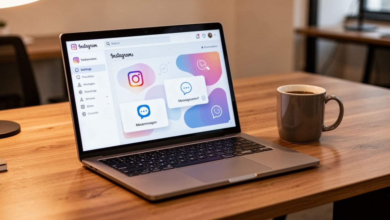 Open laptop on wooden office desk displaying abstract Instagram business account dashboard with messaging and automation icons, coffee mug beside it, warm indoor lighting, professional workspace vibe.